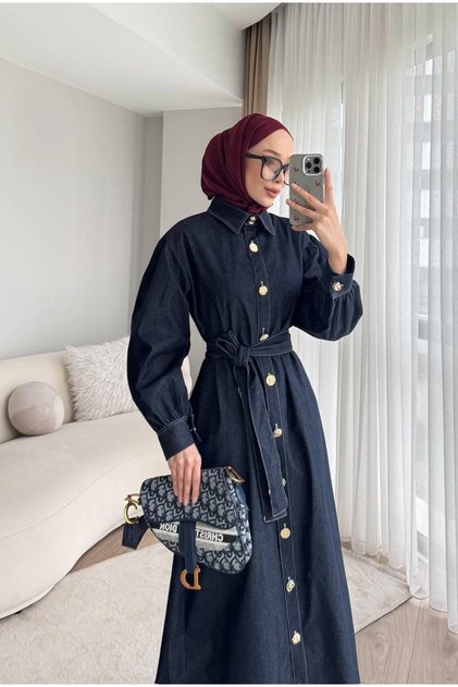 Gold Buttoned Denim Modest Dress