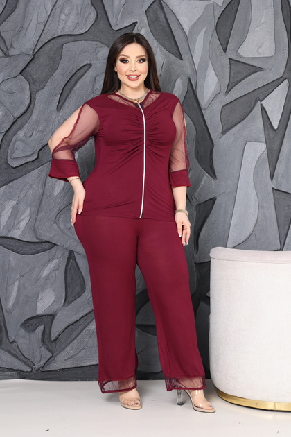 Women's Plus Size Tulle Sleeve Garnished -Front Zipper- Premium Top and Bottom Wide Leg Two-Piece Set