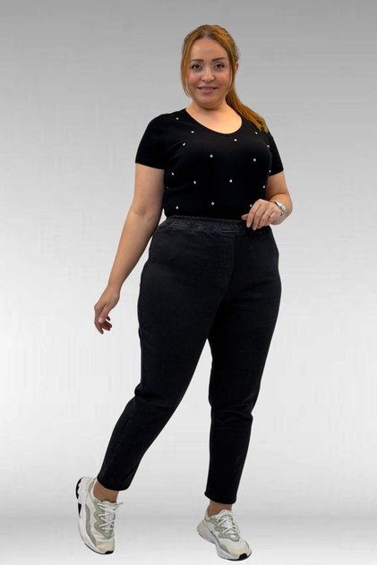 69002 Large Size Elastic Waist Long Denim Trousers - Black