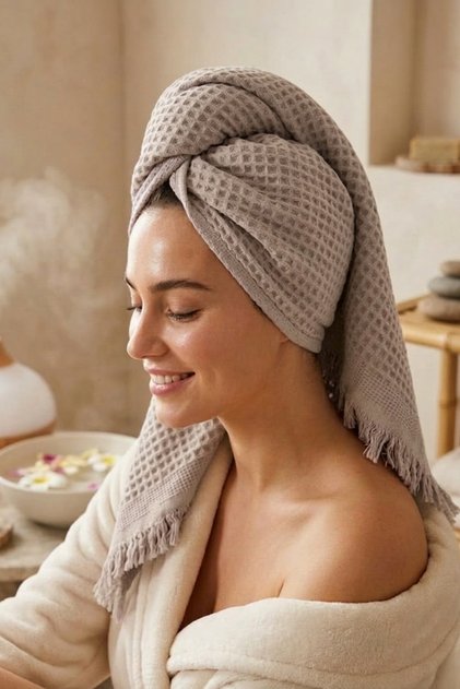 100% Cotton Waffle Patterned Hand and Head Towel - 50X90 cm - Beige