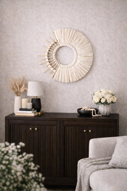 Beyaz Doğal Hasır Duvar Dekoru El Yapımı Şık Tasarım 42 cm Modern Salon Antre Yatak Odası Süs