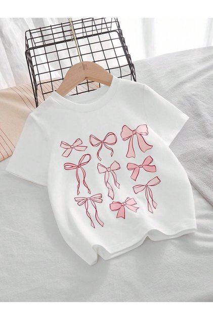 Girl's Colorful Ribbon Printed Oversized Comfortable Daily Use Combed Cotton T-Shirt