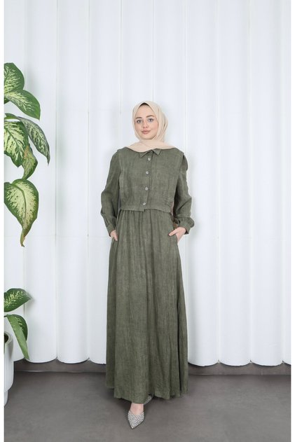 Button Detailed Bolero and Elastic Waist Hijab Dress Khaki Hnt8540