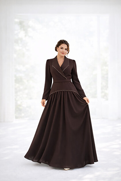 Meddesa Elegant long dress with a fitted waist, a jacket collar and long  sleeves- Trendyol
