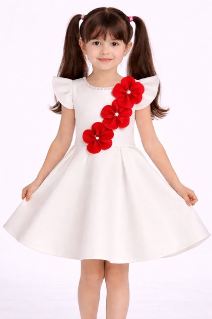 23 April Red Children's Dress 🇹 🇷 Girl's Party Dress with Floral Detail – Modern Style