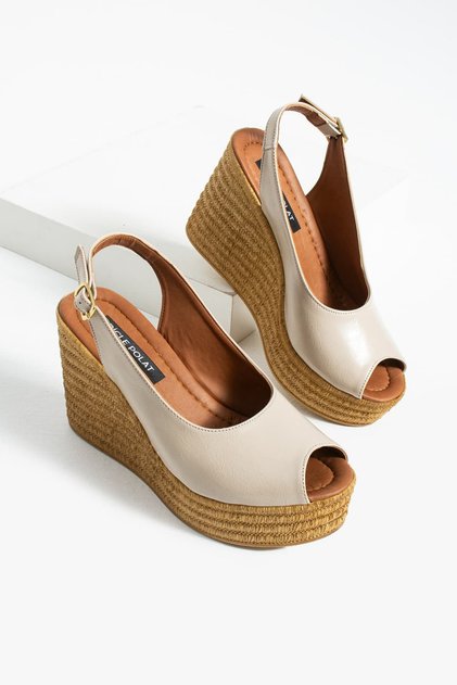 Women's Beige Wrinkled Patent Leather Wedge Heel Sandals Ankle Strap Shoes Belove