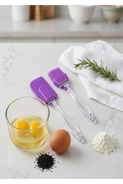 2-Piece Silicone Spatula and Egg Brush Set - Transparent Ergonomic Strappy Kitchen Prep Set