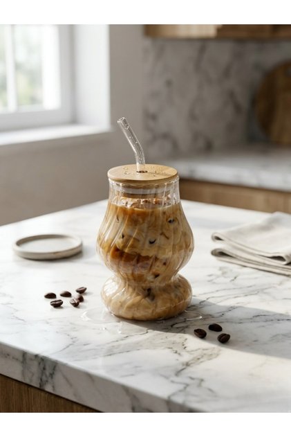 Bamboo Glass Cups with Lids and Straws 450 ml Borosilicate Glass Coffee & Cocktail Cup with Straw