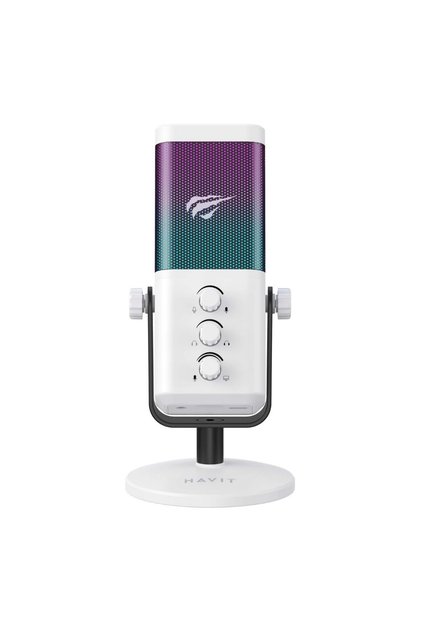 GK65 RGB Profesyonel Yayıncı Mikrofonu 192kHz 24Bit Hi-Fi Dahili Ses Kartlı (Beyaz)