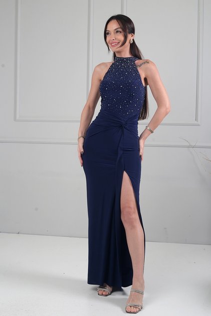 Women's Halter Neck Lined Stone Embroidered L Stretch Fabric Crepe Satin Long Dress