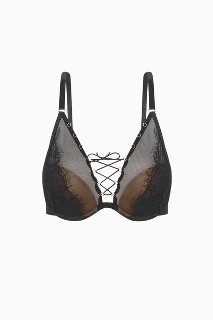 Lace Pack Bra with Tie-Up Detail - No Padding - Fashion - 2579 - Black Skin Tone