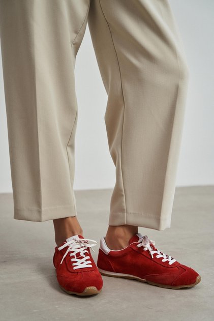 Pantofi sport pentru femei Deyz Red Genuine piele întoarsă piele cu șireturi