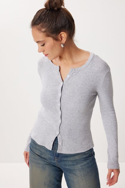 Buttoned Basic Ribbed Knitted Cardigan Lrn0001 Gray Melange