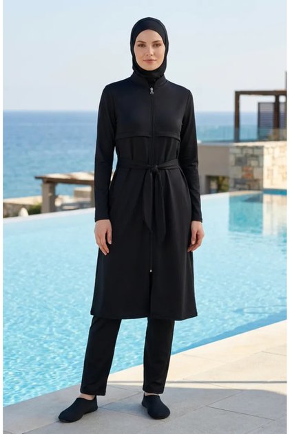 Modern Simplicity Belted Zippered Hijab Swimsuit 2602-02 Black