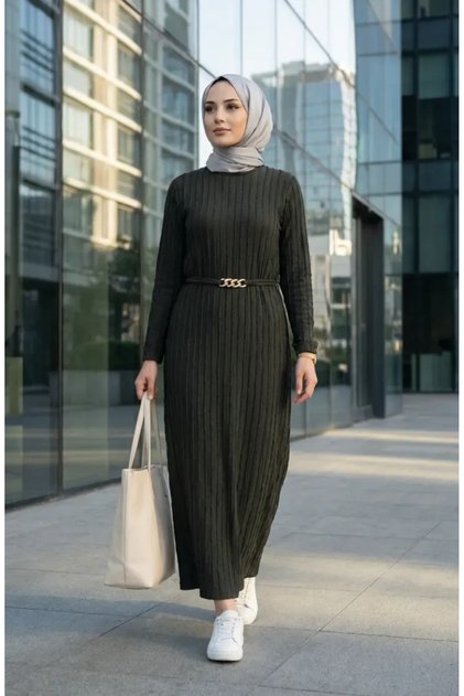Bürümcük Fabric Belted Dress 2239-03 Khaki