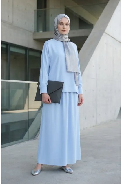 Buttoned Sleeve Tunic Skirt Double Set 0246-02 Blue