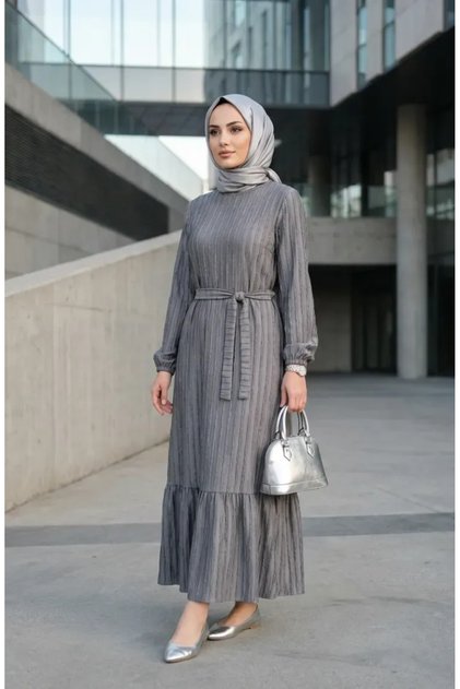 Ruched Textured Belted Dress 2242-05 Gray