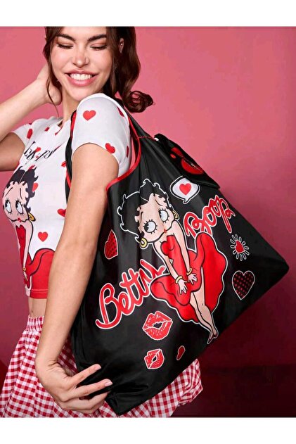 MyBalliStore Betty Boop Siyah Katlanabilir Alışveriş Çantası