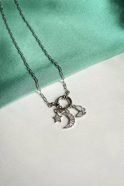 New Beginning & Transformation & Luck Sailor's Anchor Steel Manifest Necklace with Crescent Butterfly and Star Figures