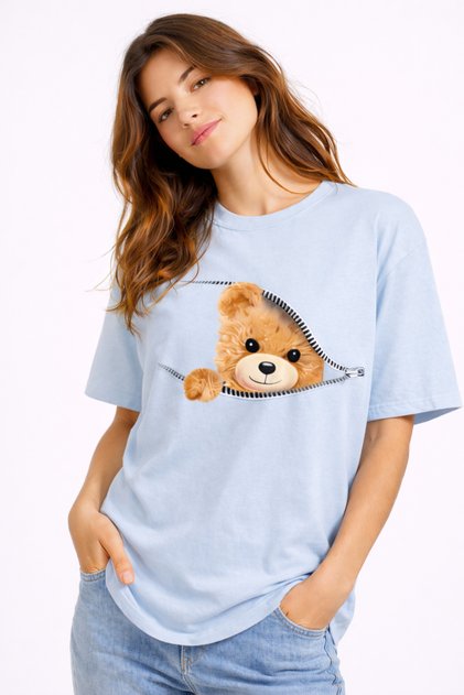 Zippered Teddy Bear Printed Women's T-Shirt Oversize Cute Teddy Bear Printed Cotton T-Shirt