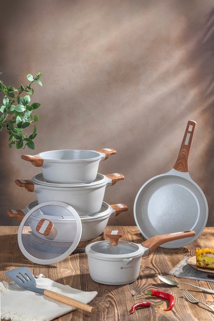 9Pcs Cookware set Phantom series P-1070, Crystal Ceramic, Wooden designed handles, Non-stick.