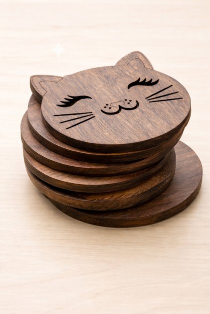 Cute Cat Wooden Coasters Set of 6 – Decorative Natural Wood Coffee & Tea Coasters