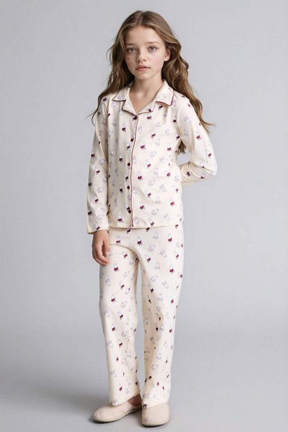 %100 Pamuk Desenli 2'li Dokuma Ekru Pijama Kız Bebek H0107A826SP