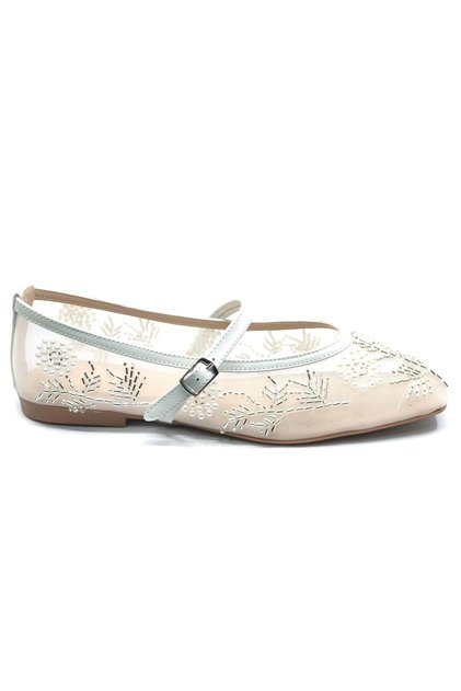 Feles Belt Buckle Pearl Stone Detailed Mesh Blunt Toe Women's B Ballet Flats Shoes White