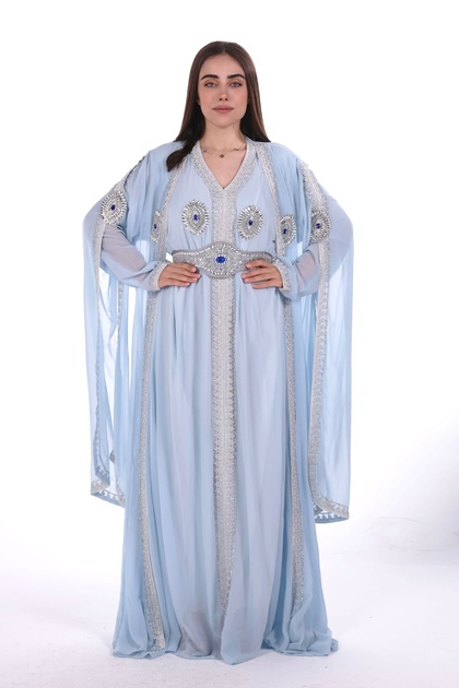 embroidered belted kaftan dress Handmade Silk Crepe Moroccan Kaftan: Gold Thread Embroidery, Belted Takchita main image 0