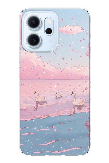 Oppo Reno 14F Compatible Pink Sky and Swan Patterned Transparent Phone Case