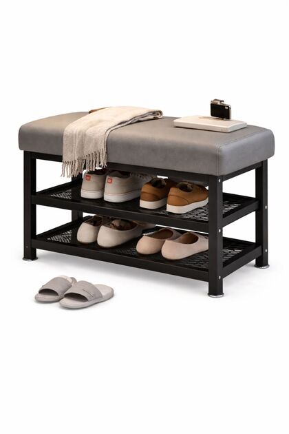 Shoe Bench with Storage – Entryway Shoe Rack Bench with Cushioned Seat, 2-Tier Metal Shoe