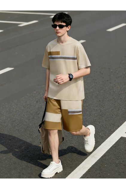 Men Color Block Round Neck T-Shirt and Shorts Set
