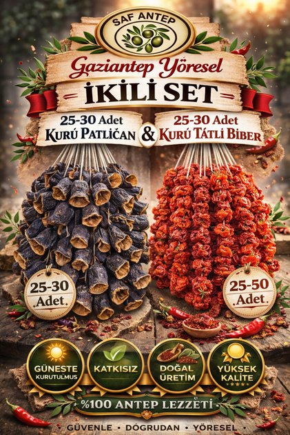 Saf Antep 2Li Set Kurutma Patlican Kurutma Tatli biber 50 60 adet Güneşte Kurutulmuş