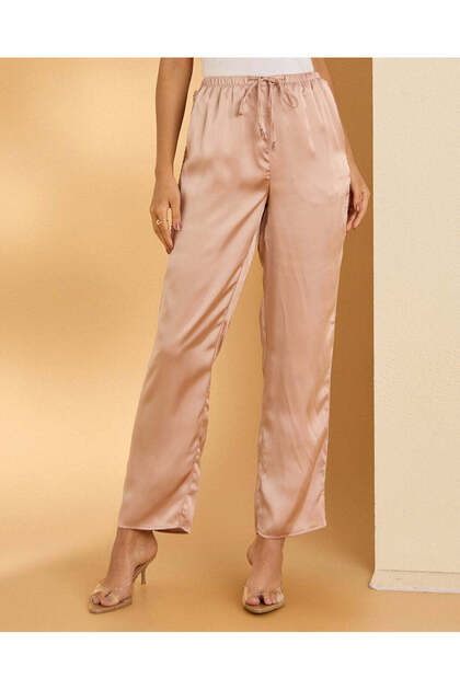 Women Pink Embellished Satin Trousers