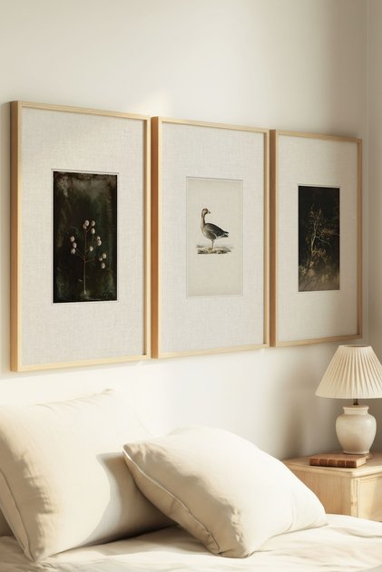 3 Pieces of Natural Wood Framed Fading Branches and Duck Vintage Painting