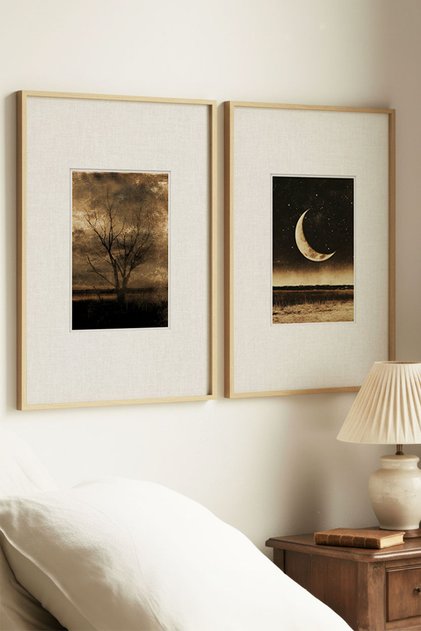 2 Pieces of Vintage Paintings with Natural Wooden Frames, Half-Moon and Wilded Tree Scenes