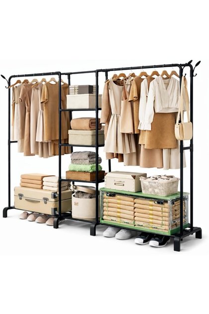 4 Rail Clothing Rack Heavy Duty Double Row with 4 Tier Center Shelves & Bottom Storage