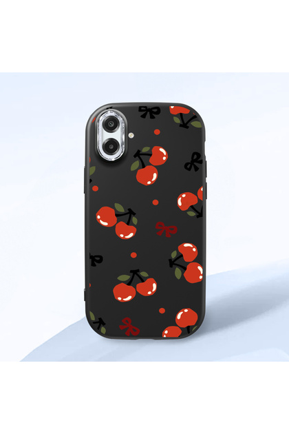 Samsung Galaxy A07 Compatible Camera Protected Black Soft Silicone Phone Case Cherry Patterned