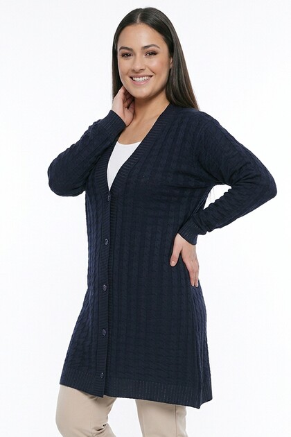 Women's Houndstooth Patterned Plus Size Stretch Fabric Knitwear Cardigan