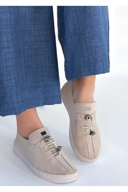 Women's Beige Suede Rubber Laced Sports Shoes
