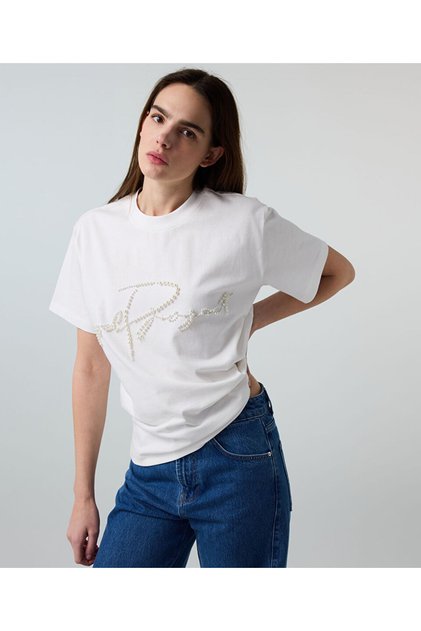 T-Shirt with Artificial Pearls and Slogan