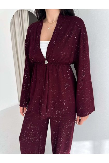 Women's Glittery Long Sleeve Modal Fabric Kimono Pants Double Set – Stylish and Comfortable Women's Set