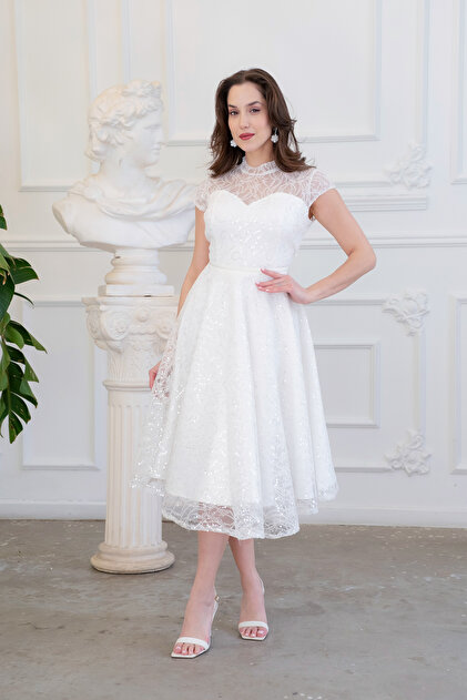 Lafaba Women's White Short Sleeve Sequined Midi Flared Promise Engagement  Wedding Evening Dress- Trendyol