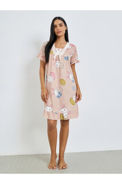 Pink Bunny Print Short Sleeve Nightdress