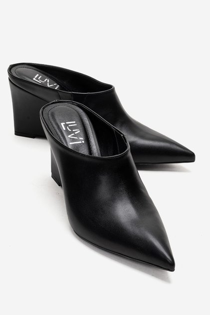 Senso Black Leather Pointed Toe Women's Shoes Wedge Heel Pcs Slipper