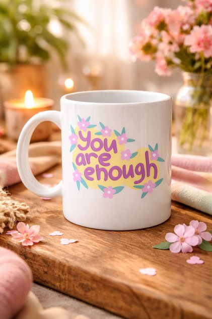 Порцеланова чаша с надпис „You Are Enough“ Модел 125 – с мотивиращо послание, с флорални мотиви, подарък за близките