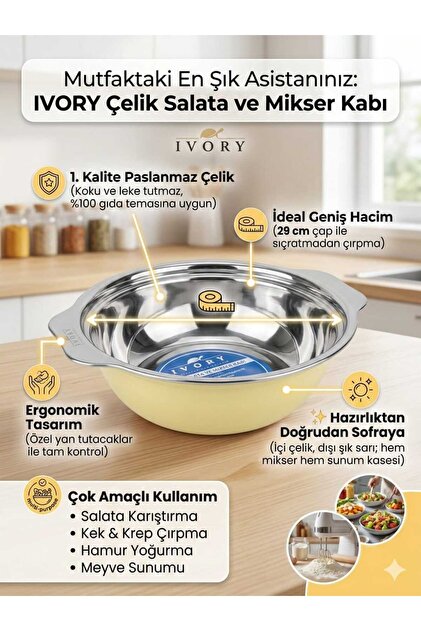 29 cm Stainless Steel Mixing and Mixer Bowl - Yellow Salad, Whisking, and Dough Kneading Bowl