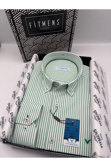 Slim Fit Uzun Kol Premium Çizgili Yaka Düğmeli Hediye Kutulu Erkek Gömlek FS-004440 - Yeşil