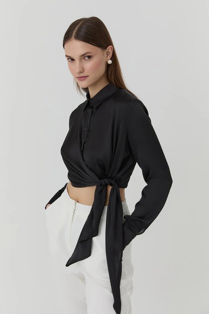Double Breasted Satin Shirt with Binding Detail