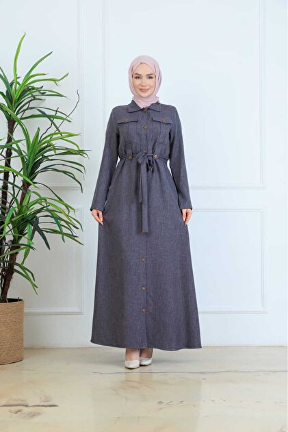 Sofia Linen Belted Buttoned Dress - Safari Style Pocketed Hijab Dress